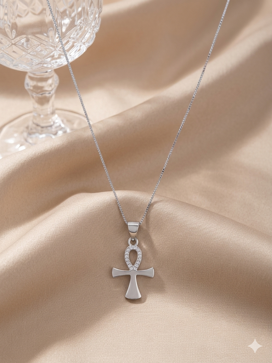 Ankh Kreuz Halskette mit weißen Zirkonia – 925 Silber rhodiniert