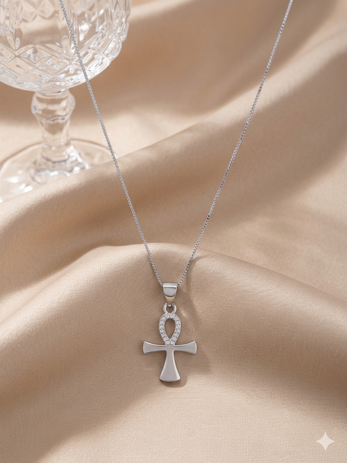 Ankh Kreuz Halskette mit weißen Zirkonia – 925 Silber rhodiniert